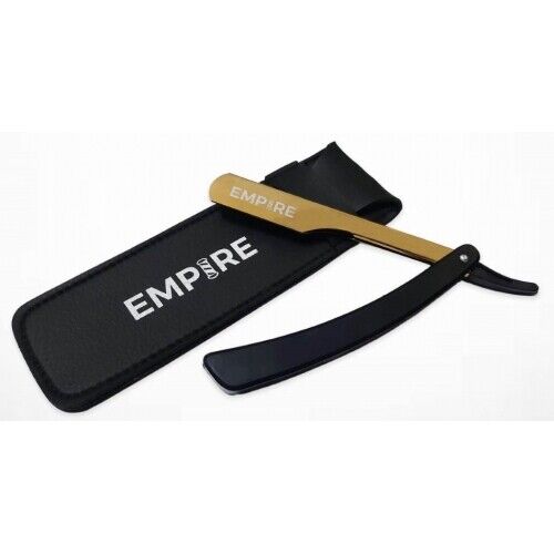 EMPIRE BARBER BLACK/GOLD STEEL RAZOR W/ POUCH – PUSH OUT #EMP350